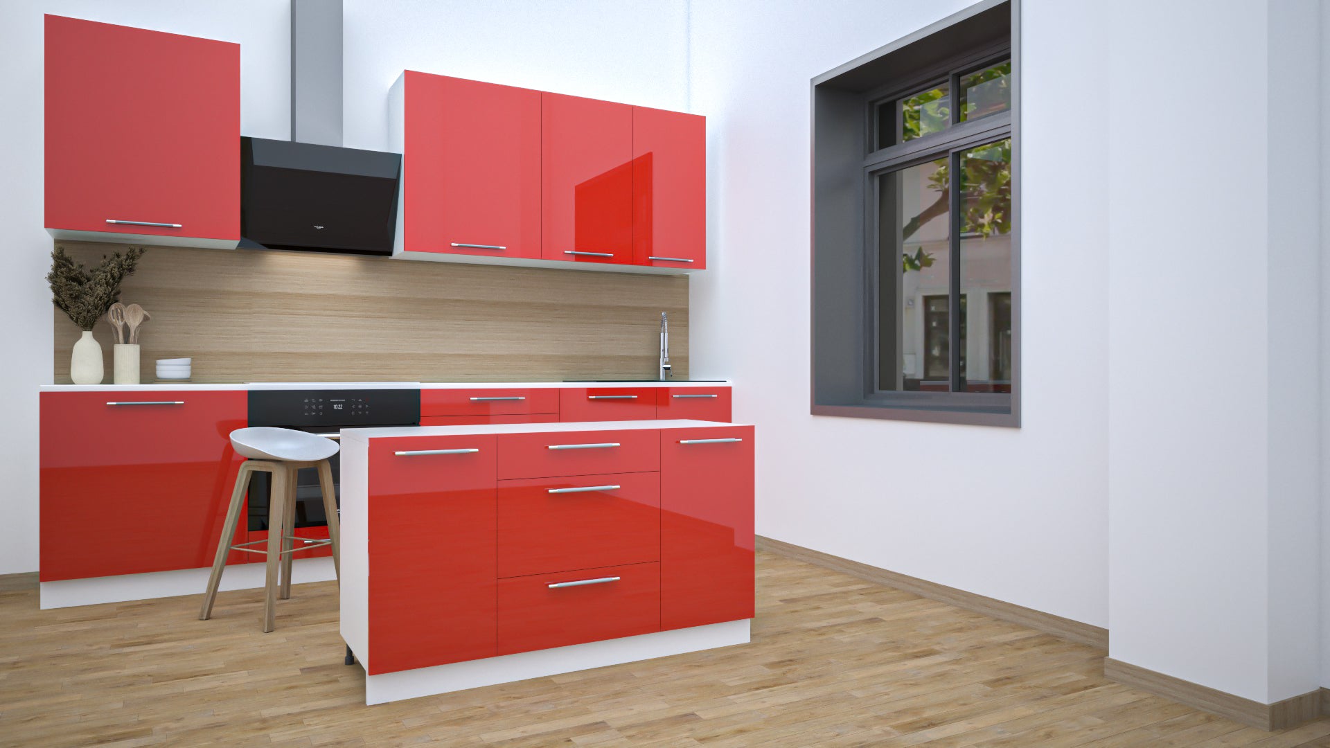 Ilot Central de Cuisine Solo 140 Tiroirs rouge laquée