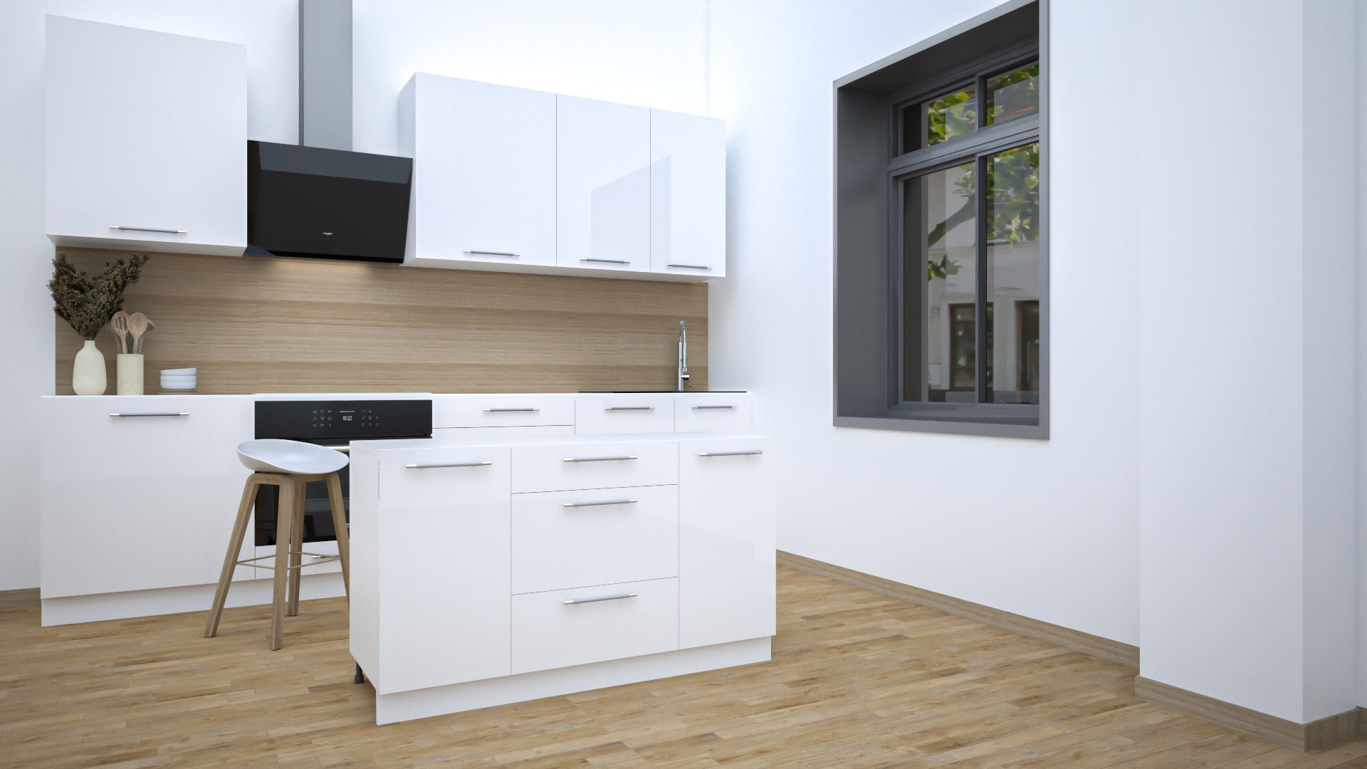 Ilot Central de Cuisine Solo 140 Tiroirs blanc laquée