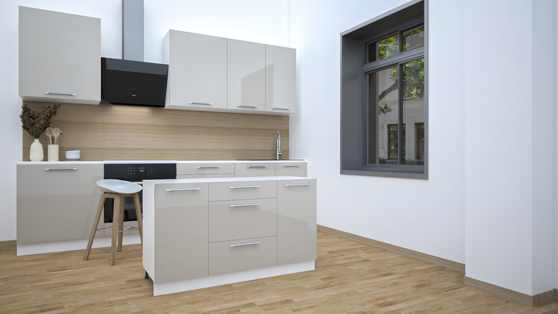 Ilot Central de Cuisine Solo 140 Tiroirs beige laquée