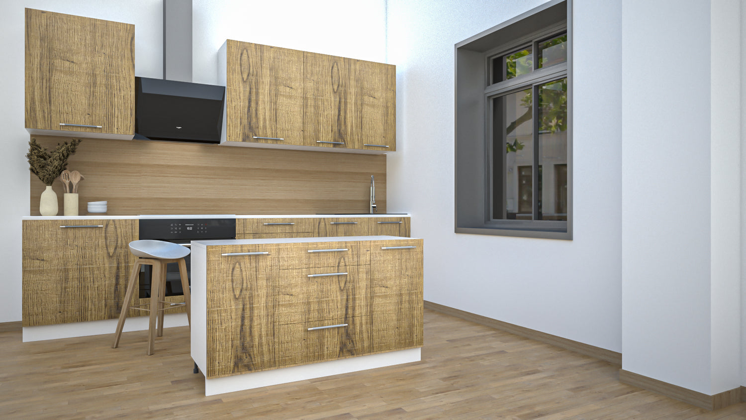 Ilot Central de Cuisine Solo 140 Tiroirs bois clair