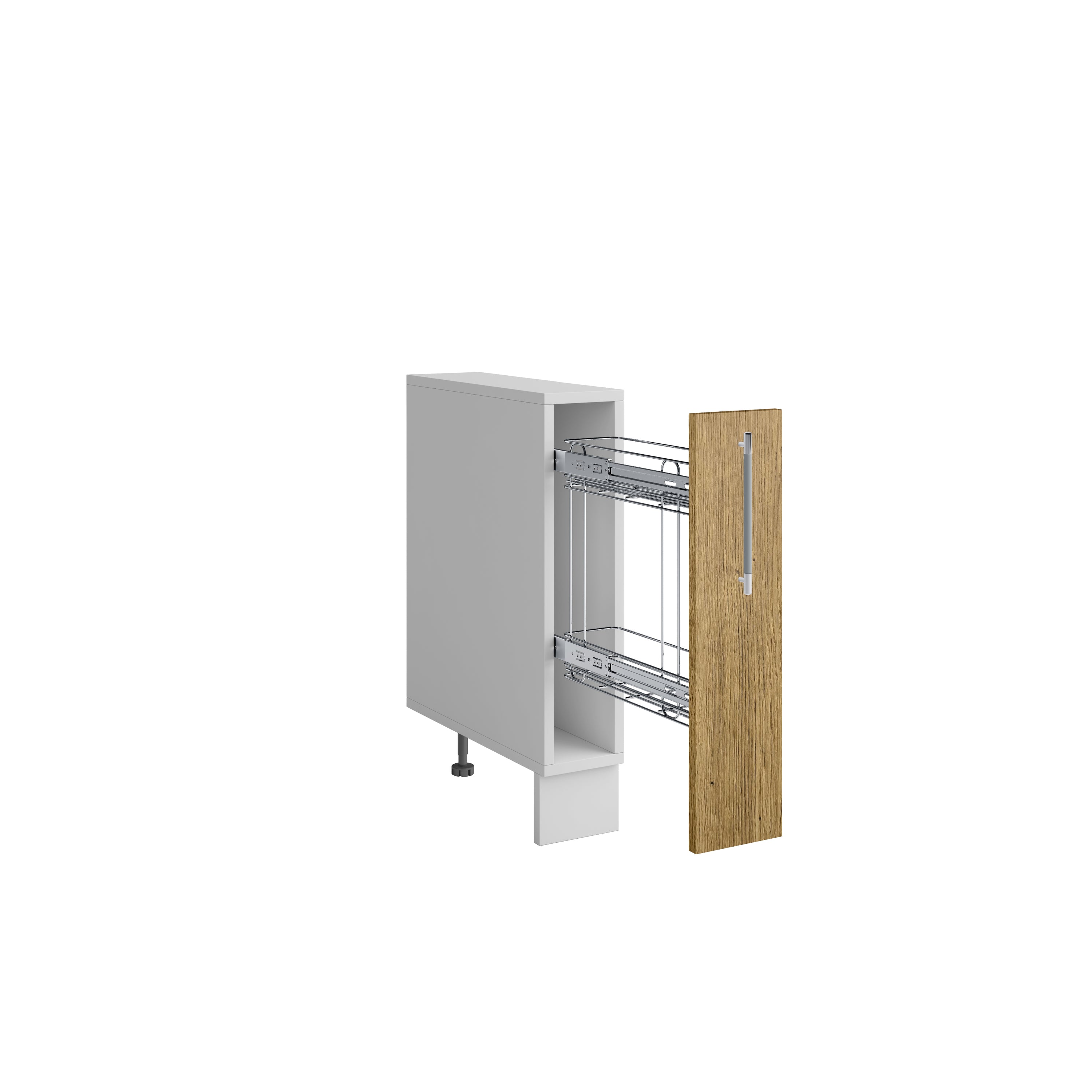 Meuble de cuisine bas bois clair 1 porte panier coulissant Inox L 15 x H 72 cm ( Partie haut non couvert )
