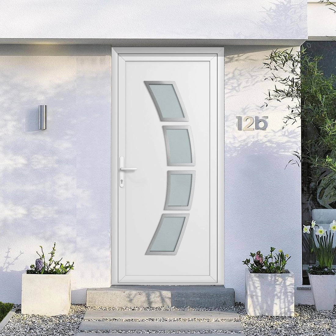 Porte d'entrée PVC vitrée sur-mesure - 4 vitrages Satiné et contour Inox Blanc/Gris anthracite/Chêne doré