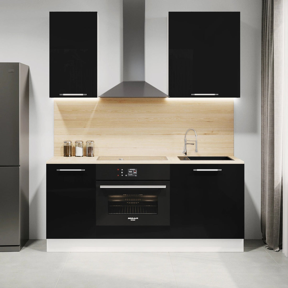 Complete keuken boven- en onderzijde 160cm 5 meubelen inclusief onder spoelbak en onderoven, zwart gelakt front, RVS handgrepen en poten voorzien
