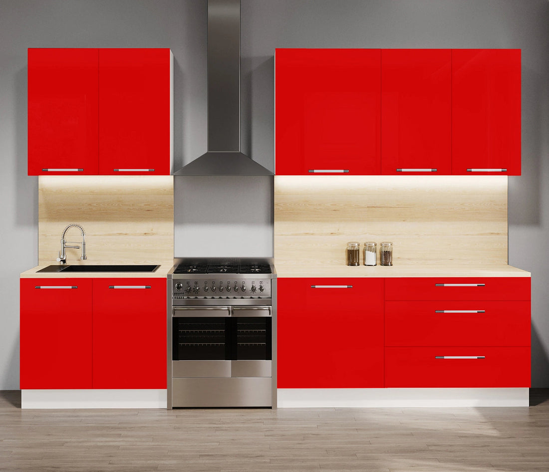 Complete keuken boven- en onderkant 280 cm 6 eenheden inclusief ondergootsteen, rood gelakt front, roestvrijstalen handgrepen en poten meegeleverd