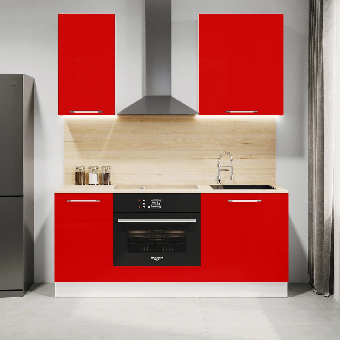 Complete keuken boven- en onderzijde 160cm 5 meubelstukken inclusief onder spoelbak en onderoven, Rood gelakt front, RVS handgrepen en voeten voorzien